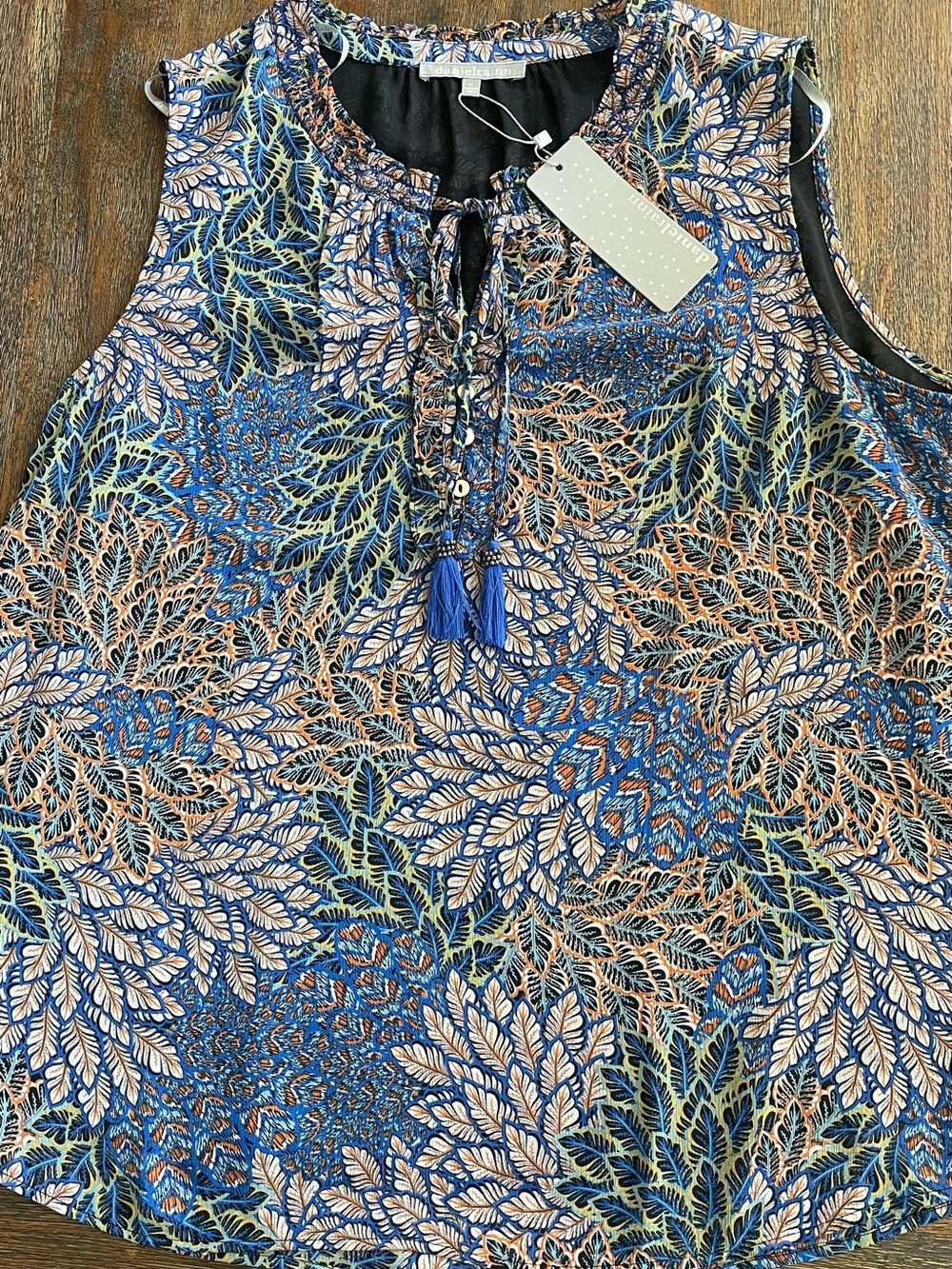 Daniel Rainn Blue Green Botanical Tassel Sleeveless Blouse
